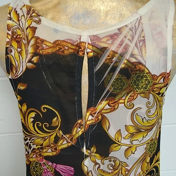 SHEER HIGH LOW TANK TOP CHAIN & TASSEL PRINT - Picture 3 of 8